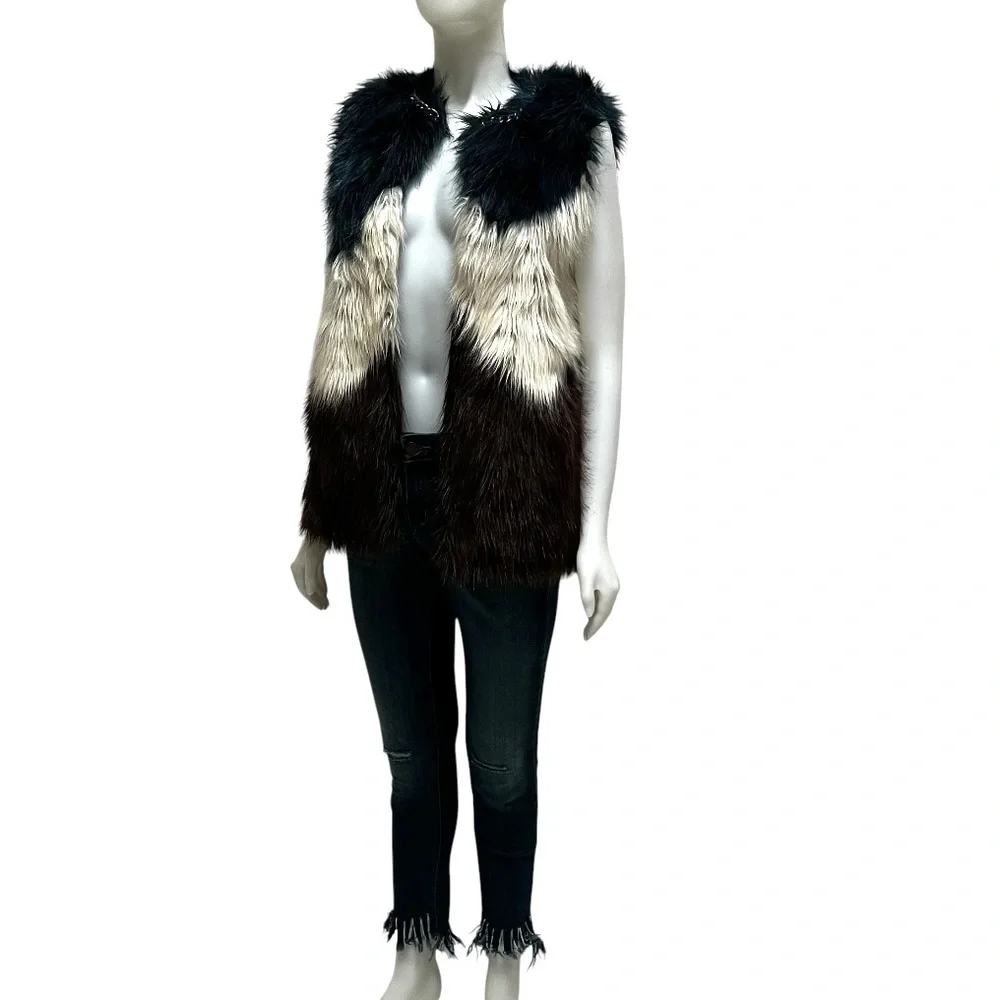 Guess Fur Vest Chain Detail Color Block Shaggy Chic Indie Sneeze‎ Boho Sz XSmall